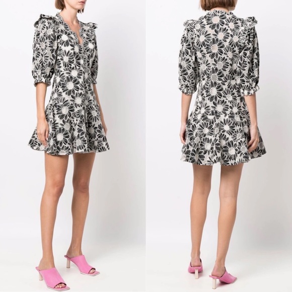 NWT Sandro Audrey Floral Embroidered Mini Dress XS Noir Flared Ruffle Eyelet - Picture 3 of 13